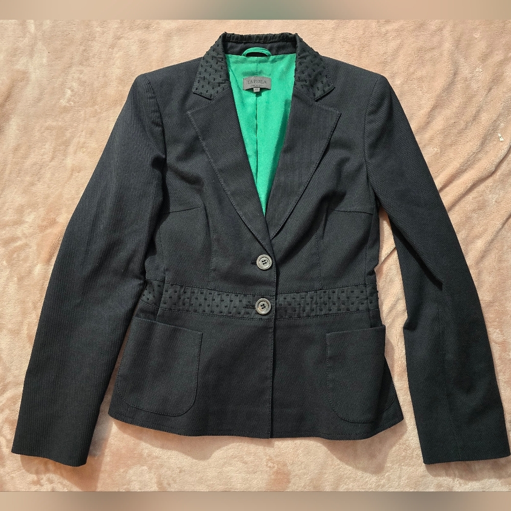 La Perla Blazer Jacket with Vibrant Green Interior, Swiss Dot Details US 8/ IT44